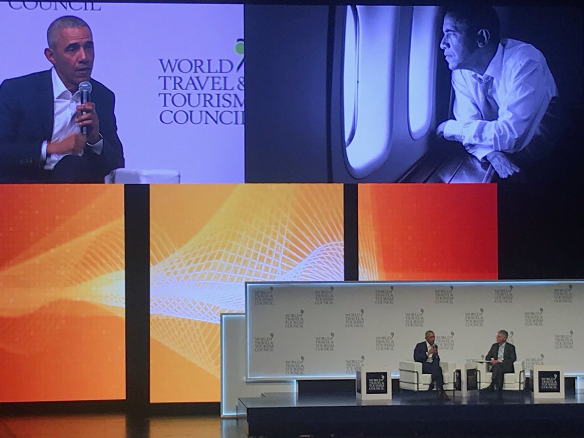 Listening to ⁦<a href="/BarackObama/">Barack Obama</a>⁩ talk about his #youthtravel experiences. “Travel reminds you of humanity's diversity and differences, but also what we share - we need that these days...” #WTTC2019