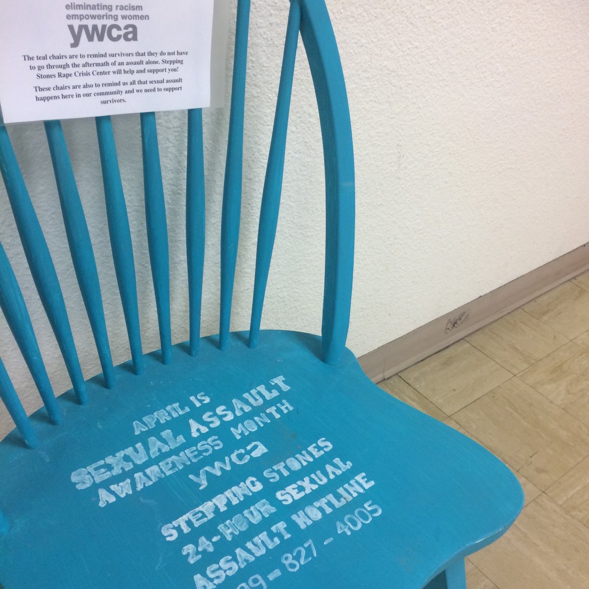 ISUPolice's tweet photo. April is #SAAM. Officers are wearing teal badges in support of survivors &amp; as a reminder that #OurCopsCare 24/7/365. A special thanks to the CJS students who created this wonderful teal chair to connect our community to resources and support by @ywcamclean. #YourRedbirdLife https://t.co/YX817uG0UP