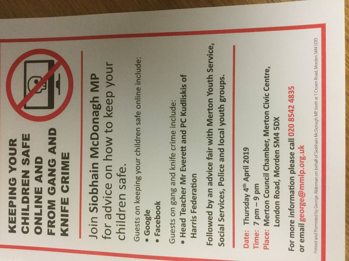 Keeping children safe on line &amp; from gang &amp; knife crime - 7pm tomorrow Merton Civic Centre SM4 5DX. W ⁦<a href="/GoogleUK/">Google UK</a>⁩ ⁦<a href="/facebook/">Facebook</a>⁩ ⁦<a href="/MPSMerton/">Merton Police</a>⁩ ⁦<a href="/SWLSTG/">South West London and St George's NHS</a>⁩ ⁦<a href="/43F_Sqn_ATC/">43F Mitcham & Morden</a>⁩ ⁦<a href="/AFCW_Foundation/">AFC Wimbledon Foundation</a>⁩ ⁦<a href="/FulhamFCFound/">Fulham FC Foundation</a>⁩ ⁦<a href="/TheWISHCentre/">The WISH Centre</a>⁩. All welcome!