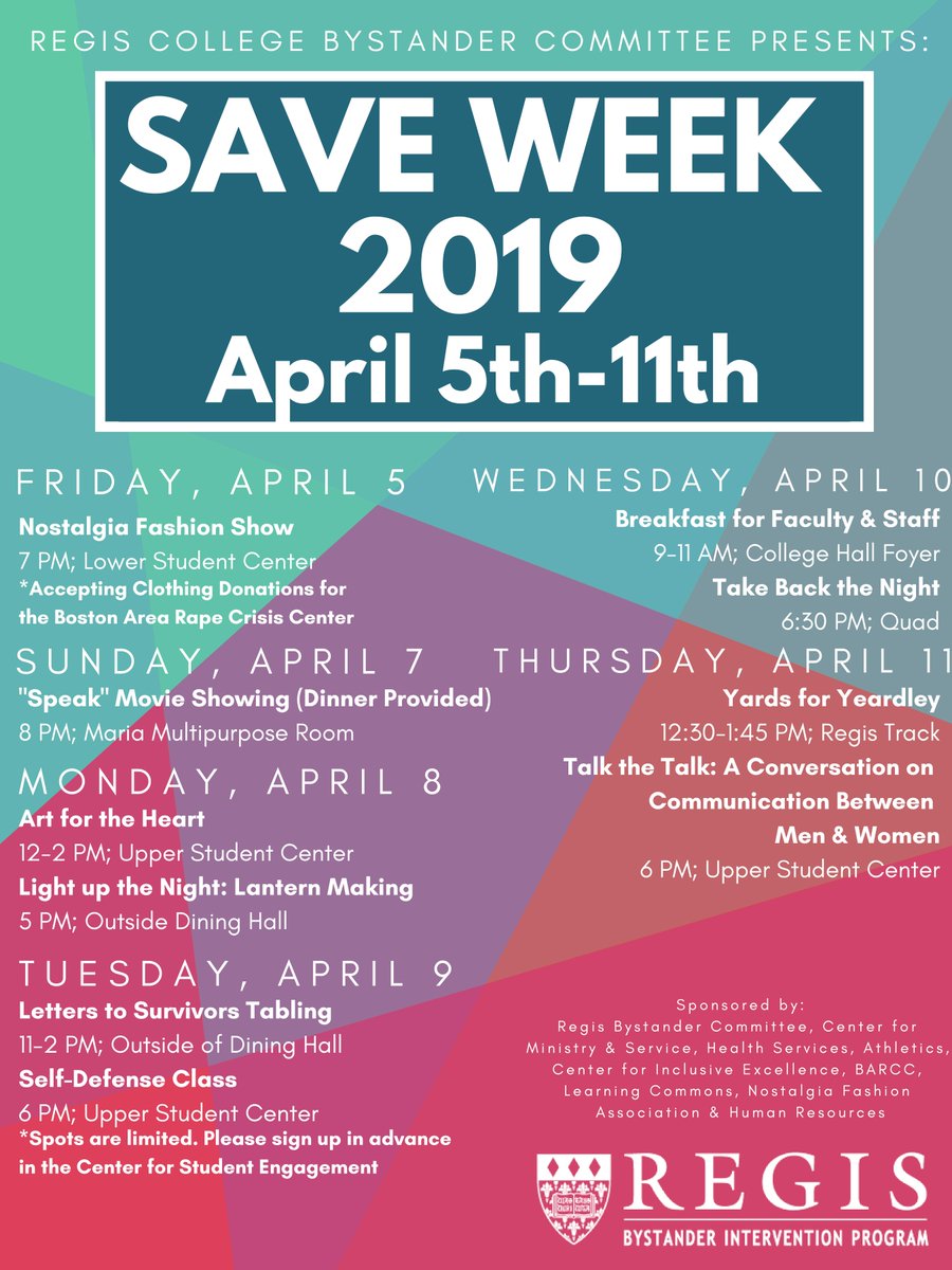 RegisLife_MA's tweet photo. .@RegisNeighborIX is hosting a variety of events in honor of SAVE Week to raise awareness and educate about steps the community can take to help reduce sexual assault, relationship violence, stalking, and harassment. Learn more: https://t.co/HuX0Bzxh0I #RegisSAVEWeek https://t.co/iobavLTcdx