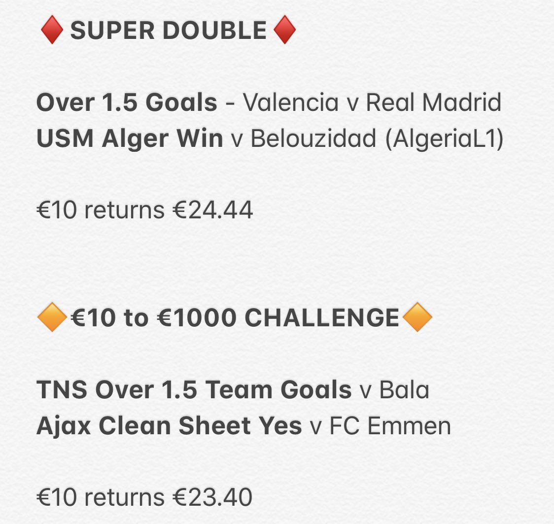 TONIGHTS TIPS!!!!

After a gander at the fixture list and some research, the below are my top picks for tonight which look very promising and they offer decent returns!

Decided against a fivefold, we will start that back up for the weekend!!

HIT LIKE IF YOU’RE ON 💪🏻