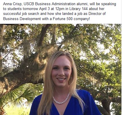 USCBCareerServ's tweet photo. Want to hear from a USCB Alum who landed a great job with a Fortune 500 company just after graduating?  Come learn the secret to her success TODAY at 12pm in Library 144! https://t.co/Pc9Fik7Gvg