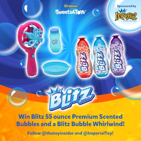 TheToyInsider's tweet photo. Name two scents that the Blitz Scented 55 oz Bubble Solution comes in for a chance to win a prize pack from @ImperialToy! HINT: https://t.co/bYKpUXB0mI #tweets4toys #BlitzBubbleParty https://t.co/IlpXvwzHkQ