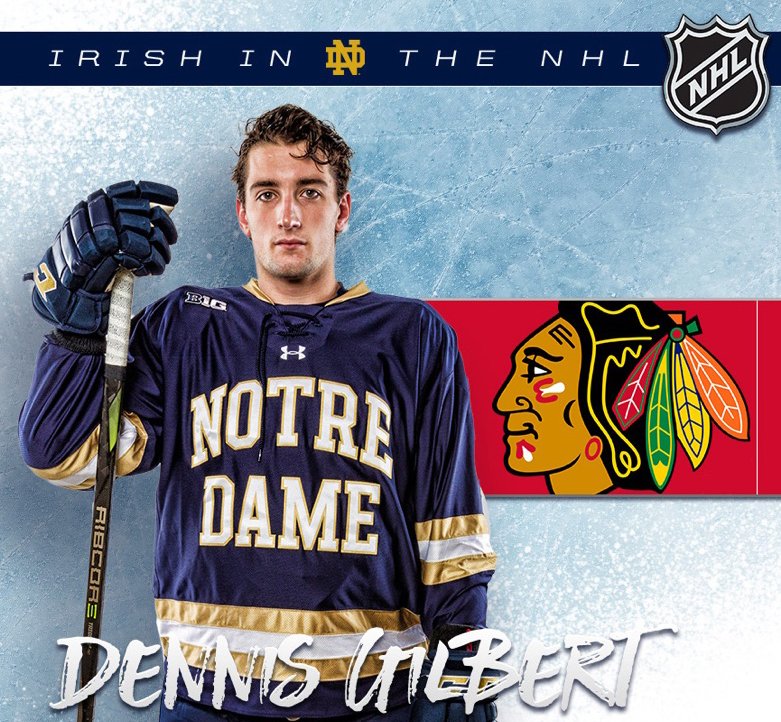 NDHockey's tweet photo. Congrats to Dennis Gilbert, who has been recalled from Rockford by the #Blackhawks

#GoIrish | #NDintheNHL https://t.co/jy9tTGSePJ