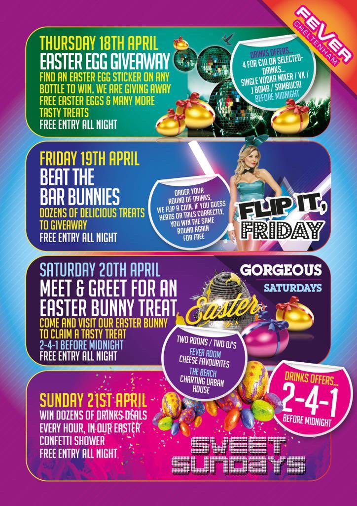 Easter Bunny Bender Weekender 🐰🍾 

FEVER CHELTENHAM BRING YOU THE BIGGEST EASTER BANK HOLIDAY WEEKEND PARTY IN GLOUCESTERSHIRE 🔥. 

FREE ENTRY ALL WEEKEND !