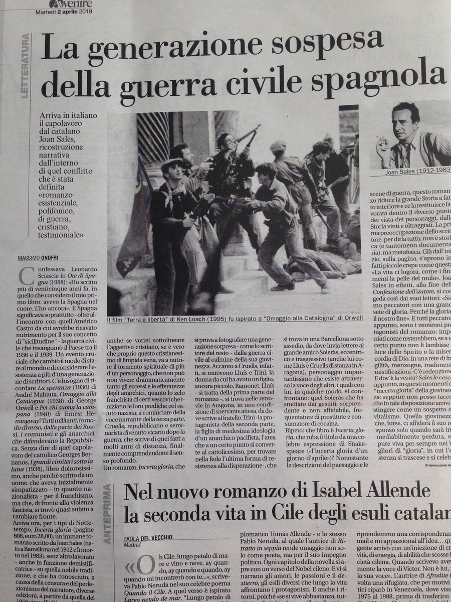 IbanLLlop's tweet photo. L’estimat Massimo Onofri, escriptor, critíc literari i professor a la Universitat de Sàsser, fa una profunda lectura al diari Avvenire de la magnífica traducció italiana d’Incerta glòria de Joan Sales. Gràcies, @Amaranta_emeira per l’ingent treball. https://t.co/Ox7j9zFGGK