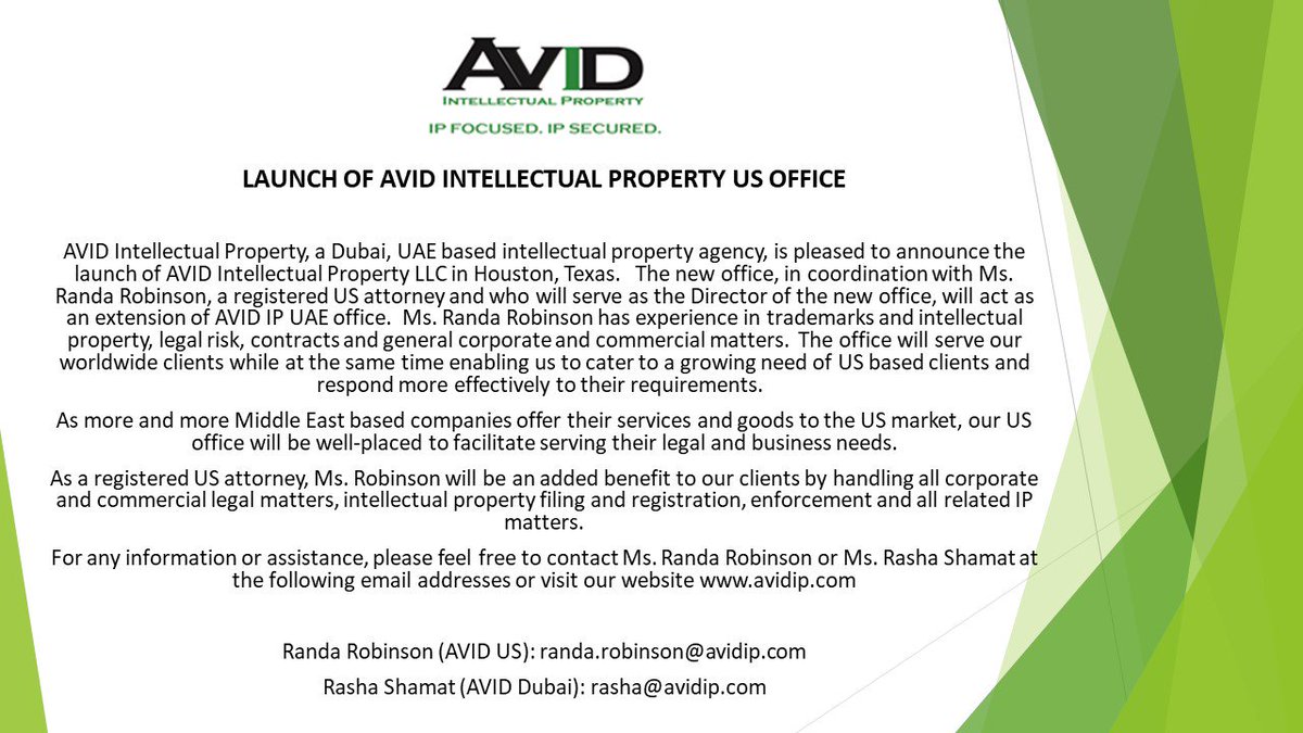 AvidIP_UAE's tweet photo. We are very pleased to announce the launch for AVID Intellectual Property US Office.  #intellectualproperty #trademarks #copyright #IP #USoffice #officelaunch https://t.co/dg3pZZrGPR