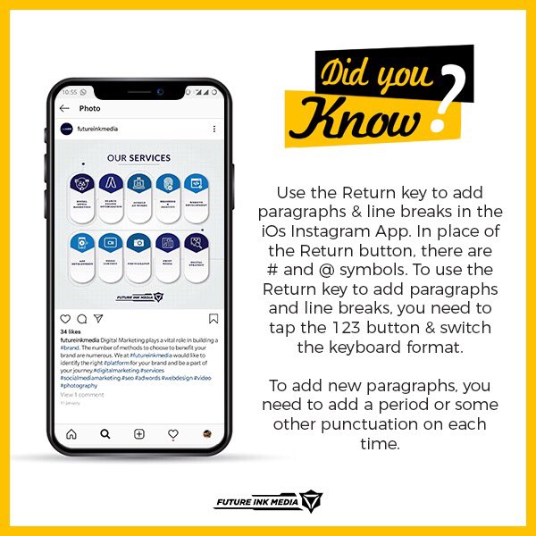 Here’s a little update on how to add paragraphs to #instagram captions in iOS. You can thank us later! #futureinkmedia #didyouknow #update #hacks #instahacks #tryitnow