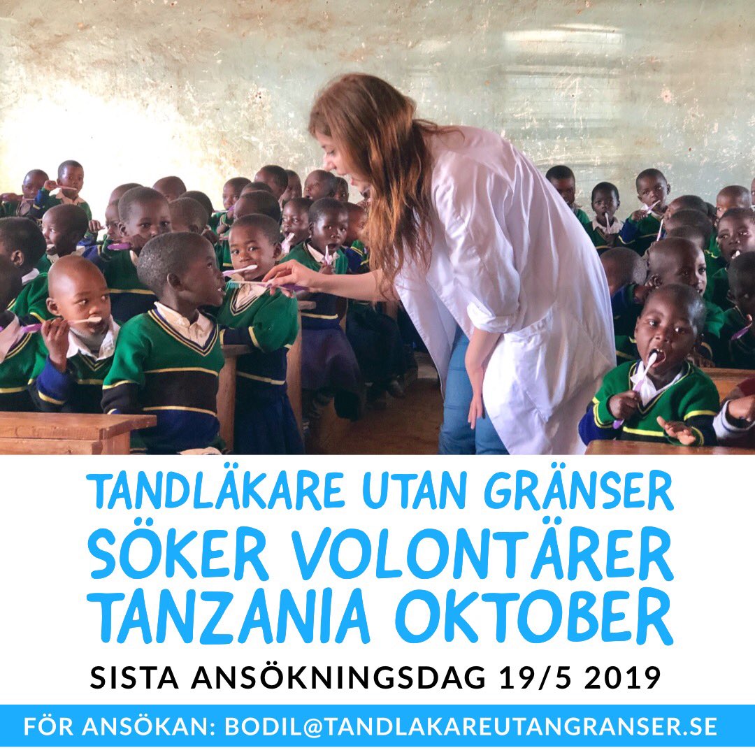 TdlUtanGranser's tweet photo. Tandläkare utan gränser söker volontärer till vårt projekt i Tanzania v42-v43 2019
Sista ansökningsdag 19/5 2019
För anmälan info &amp; frågor, se hemsidan: https://t.co/n2tEg2rkRm 💙 #tlug  #tandläkareutangränser #tandläkareutangränsersverige #dentistwithoutborderssweden https://t.co/StLqj4U4HY