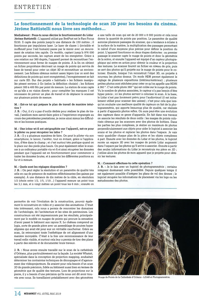 Be4Post's tweet photo. On parle de nous dans le numéro d'avril mai de MEDIAKWEST! #mediakwest #be4post #3dscan #datacapture #3d #sfx https://t.co/Jr8RS957cw