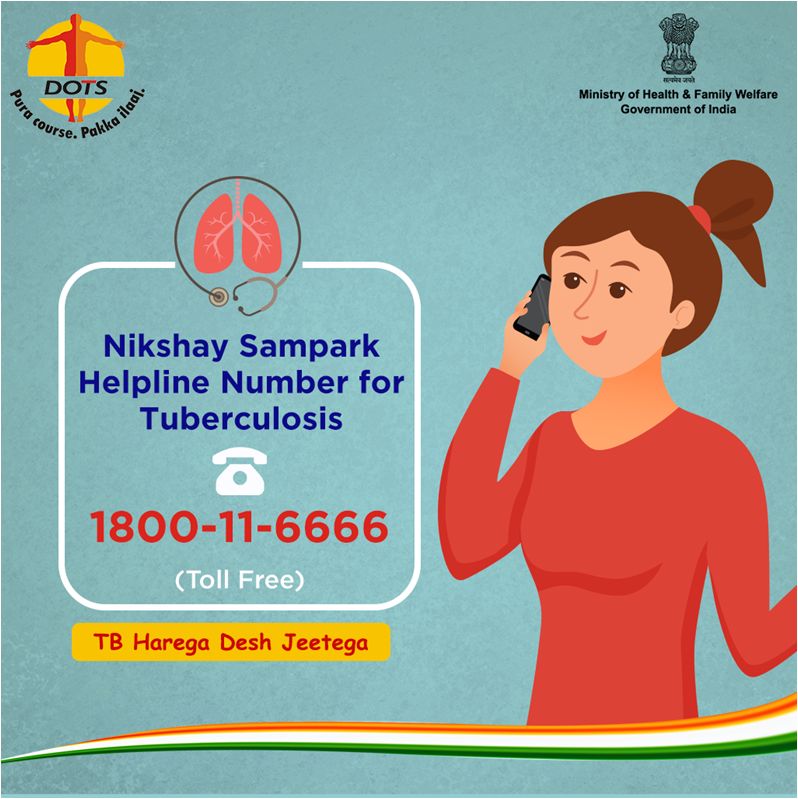 TB call center 'Nikshay Sampark' (1800-11-6666) toll free is operational in 14 languages for information, for patient support, for service linkage and grevience redressal. <a href="/MoHFW_INDIA/">Ministry of Health</a> <a href="/JPNadda/">Jagat Prakash Nadda</a> <a href="/IMAEndTB/">Indian Medical Association - End TB</a> <a href="/AS_RNTCP/">Sanjeeva Kumar</a> <a href="/iamvikassheel/">Vikas Sheel IAS</a> <a href="/StopTB/">Stop TB Partnership</a> <a href="/WHO/">World Health Organization (WHO)</a> <a href="/TbDivision/">Central TB Division | #TBMuktBharat</a>
