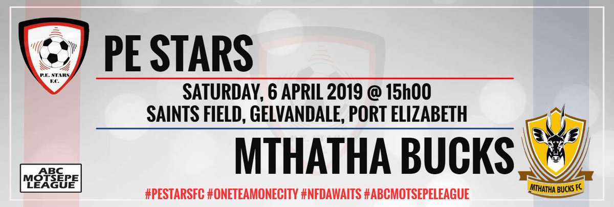 PEStarsFC's tweet photo. π¨ FIXTURE ALERT π¨
π Mthatha Bucks
π
Saturday, 6 April 2019
π 15h00 kick-off
ποΈ Saints Field
π Gelvandale, Port Elizabeth
#PEStarsFC #OneTeamOneCity #NFDAwaits #ABCMotsepeLeague https://t.co/Exgifq8535