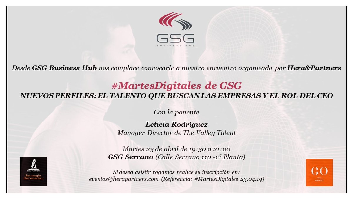 Ya tenemos fecha para el próximo #MartesDigitales de GSG, organizado por <a href="/iHeraPartners/">HeraPartners</a>. Será el 23 de abril a las 19:30h y el tema que trataremos será “Nuevos perfiles: El talento que buscan  las empresas y el rol del CEO” de la mano de Leticia Rodríguez, de <a href="/TheValleyTalent/">The Valley Talent</a>.