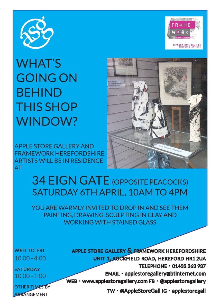AppleStoreGall's tweet photo. Artists at 34 Eign Gate, Hereford this Saturday, 6th April, 10am to 4pm. Do come and visit. #art #ceramics #stainedglass https://t.co/1nHKgscdk0