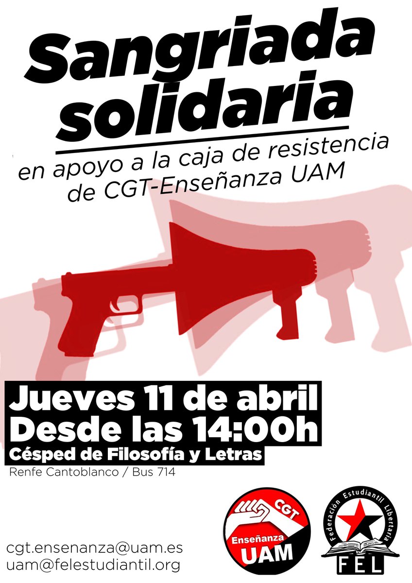 CGTenseUAM's tweet photo. El jueves 11 de abril organizamos junto a @FEL_Madrid una sangriada solidaria para nuestra caja de resistencia. Habrá música y paella vegeta a precios populares. Vente y apoya nuestra lucha en la Universidad! https://t.co/QN0uCfWLOH