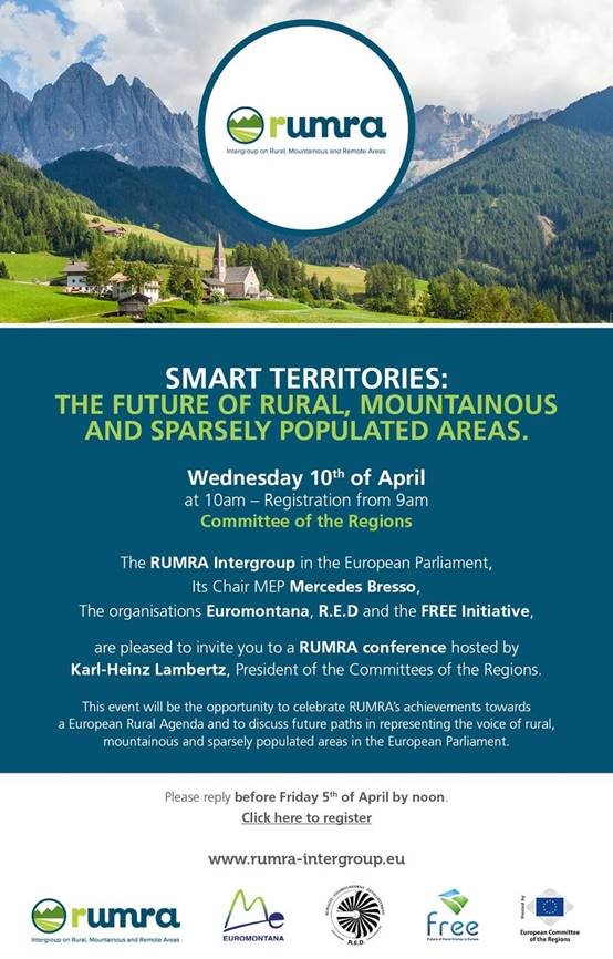 #RuralEurope: <a href="/Euromontana/">Euromontana</a> <a href="/ruraleurope/">R.E.D</a> &amp; <a href="/RuralEnergyEU/">Rural Energy</a> invite you to join the #RUMRA conference on “Smart Territories” next week <a href="/EU_CoR/">European Committee of the Regions</a>
Hosted by <a href="/CoR_President/">Kata Tüttő</a> and <a href="/mercedesbresso/">Mercedes Bresso 🇪🇺</a>
REGISTER HERE: forms.gle/X1ErQg15fypVKs…