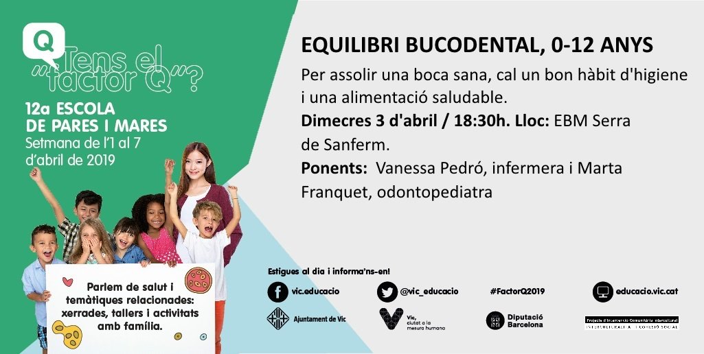 vic_educacio's tweet photo. 📣Aquest vespre al #FactorQ2019 parlarem de com crear bons hàbits, perquè des de ben petits, els infants tinguin una boca ben sana! No us perdeu la xerrada" Equilibri bucodental, 0-12 anys"
📆Dimecres 03/04
🕡18:30 h
📍EBM Serra de Sanferm https://t.co/LI35MJeeny
