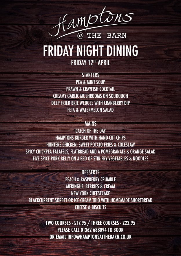 HamptonsBarn's tweet photo. We're pleased to announce our menu for our next Friday Night Dining Experience, which takes place on April 12th! #fridaynightdining https://t.co/2pz0A2jlf0