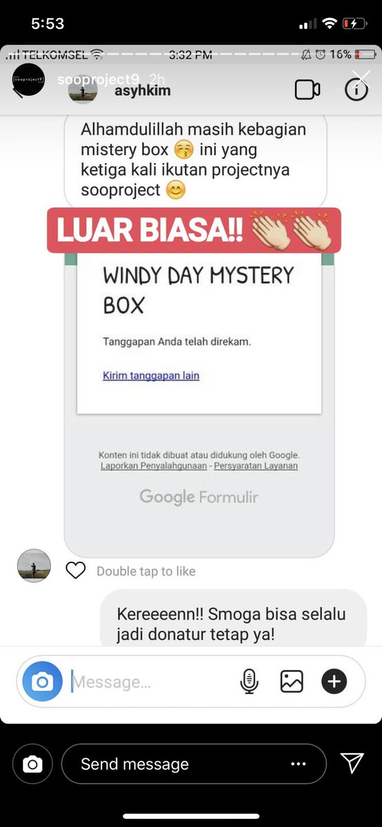 sooproject9's tweet photo. Sedikit cerita dari para donatur yang berhasil masuk dalam slot WINDY DAY MYSTERY BOX 🤧🤧🤧 Ini yang buat kami para Admin juga jadi semangat! ❤️❤️❤️ https://t.co/3L4KUOiGWk