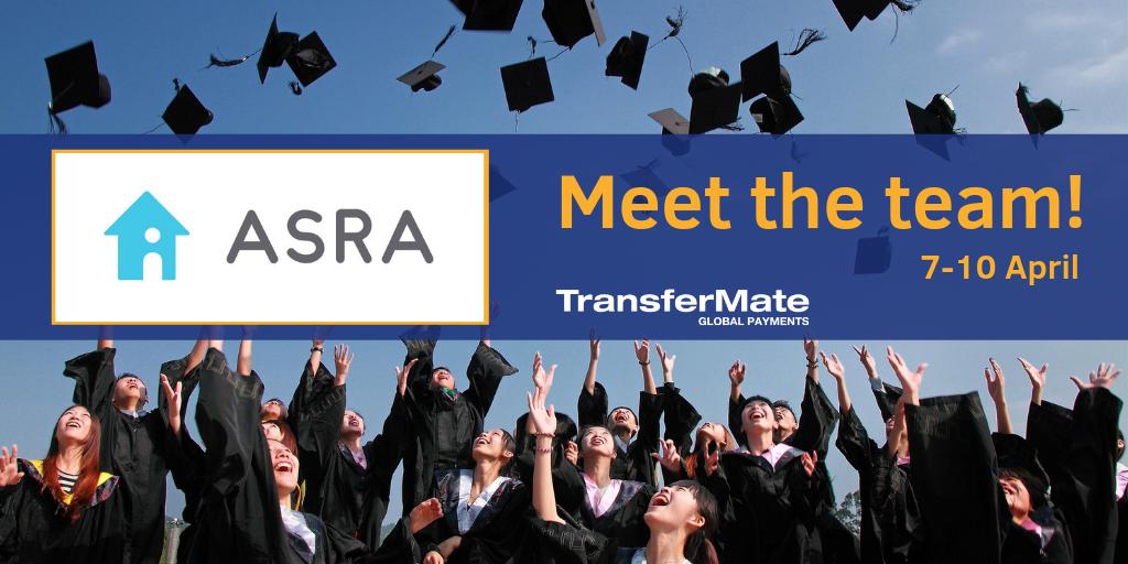 TransferMate's tweet photo. 🎓We're excited to attend #ASRA19! Meet our expert team at stand 26 to find out more about our international #payment solution 🌎 https://t.co/A47hp6ZR13