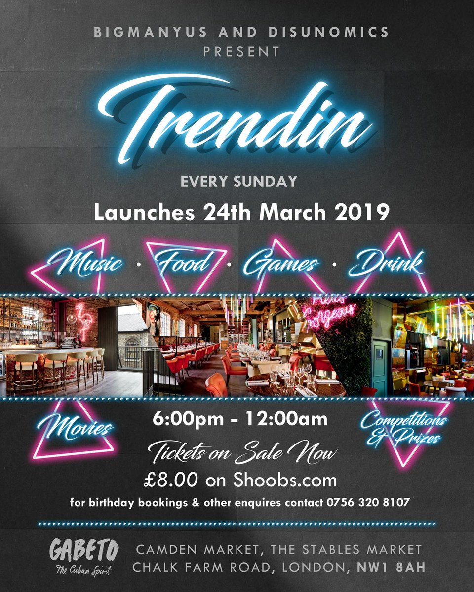 Every Sunday upstairs we have a new party with DJs, games, food and more. Get down to Trendin for great discounts on food &amp; drink and the perfect end of week hangout 🙌

_________________
Tickets &amp; info --> bit.ly/TrendinGabeto