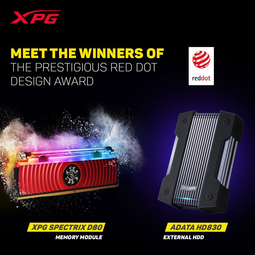 ADATATechnology's tweet photo. The winners of the #RedDot #Design #award this year:
- #XPG #SPECTRIXD80 - the world's first #RGB #DDR4 memory with a hybrid liquid-air cooling system.
- #ADATA #HD830 - featuring a robust triple-layer construction that's #waterproof & #dustproof - and nearly indestructible. https://t.co/W4auLLGNLA