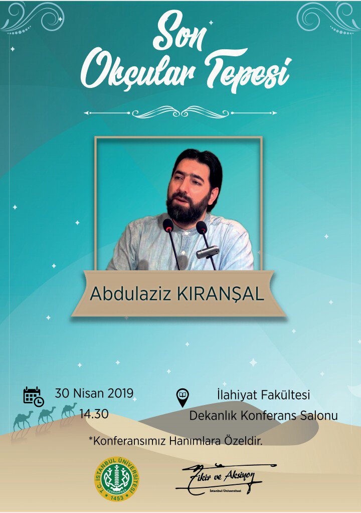 Gümbür gümbür bir konferansla karşınızdayız 📣
<a href="/AKIRANSAL/">Dr. Abdulaziz KIRANŞAL</a> hocamızın katılacağı konferansa tüm hanım kardeşlerimiz davetlidir. 
Takvimleri şimdiden ayarlayın. 😊
Yer: İÜ İlahiyat Fakültesi Dekanlık Konferans Salonu
Tarih: 30 Nisan 2019, 14.30
 #agdunihanimlar #SonDakika