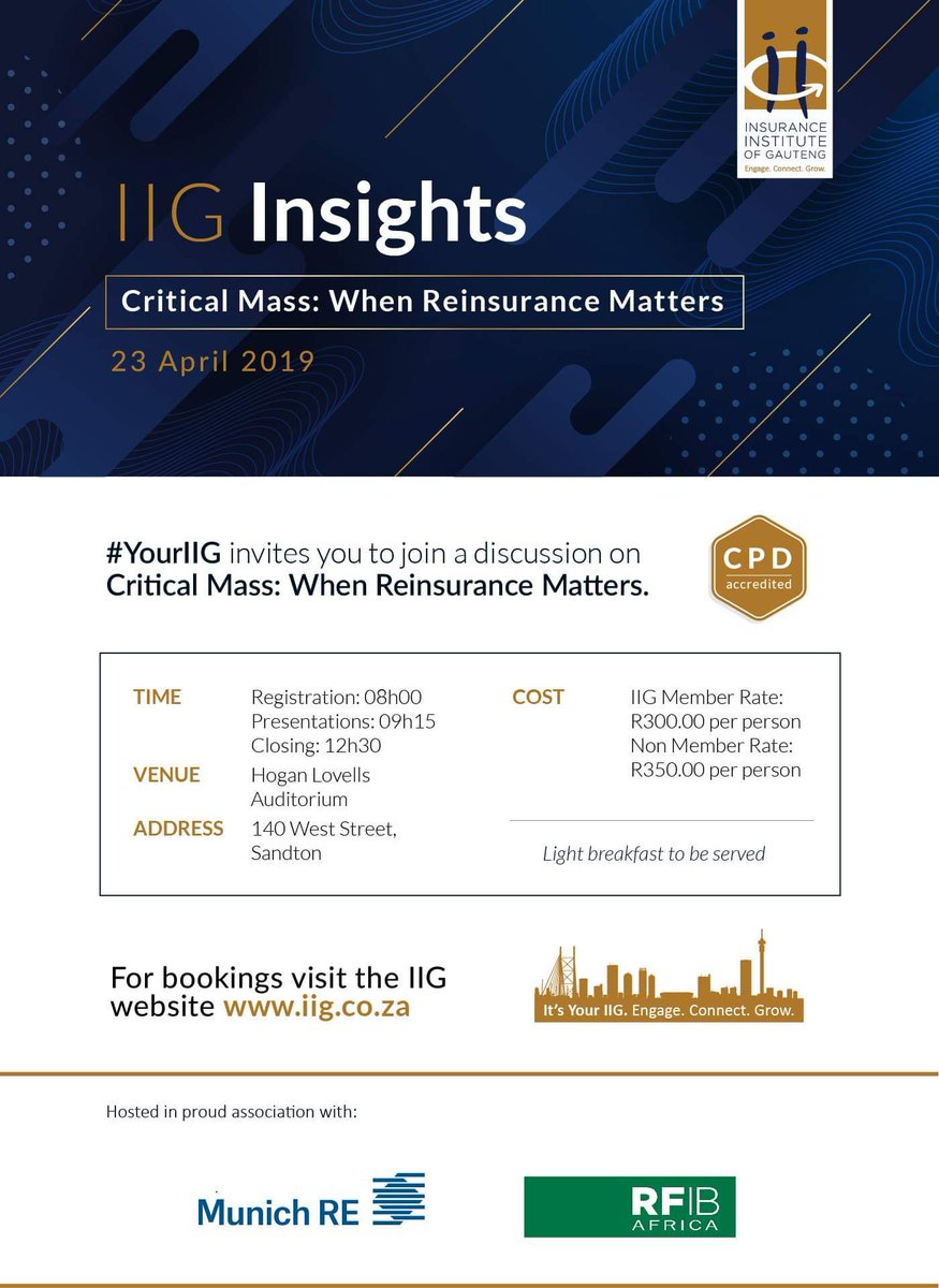 IIGauteng's tweet photo. Join #YourIIG for your next Insight Session: Critical Mass, brought to you by Munich Re &amp; @RFIBGroup

Contact #YourIIG office at info@iig.co.za to book your seat.

Don't miss out on advancing your professional development!

#passionpurposepride #proudlyinsurance https://t.co/4cC9FjU6cX