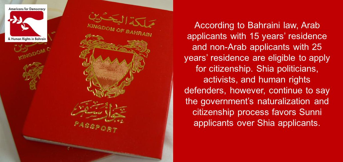 #citizenship is granted to foreign Sunnis and revoked from native-born Shia citizens. In this way the government of #bahrain is reshaping the demography of the country, forcing into exile political and #humanrights activists. 
<a href="/maryamalkhawaja/">Maryam Alkhawaja</a> <a href="/briandooley/">Brian Dooley</a> #discrimination