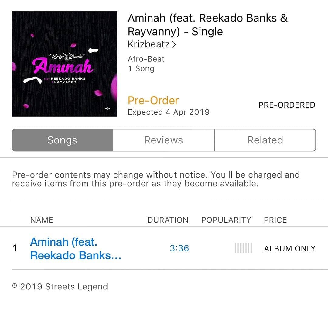 AkarigboOfLagos's tweet photo. 🥁🥁🥁🥁 Pre-Order @krizbeatz_ new single #Aminah ft @ReekadoBanks @Rayvanny on iTunes. Available worldwide on #4thApril https://t.co/c9549Y6hZo #NewWave #Worldwave https://t.co/Dx6qae8BML