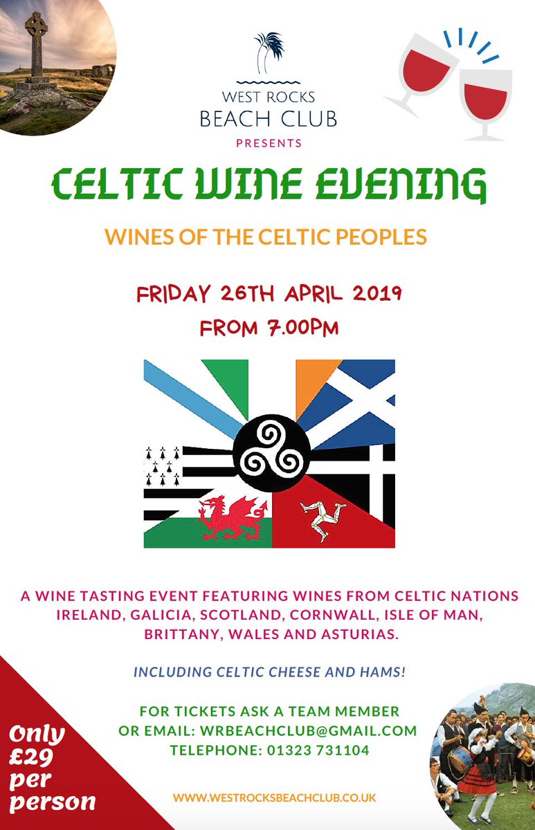 WRBeachClub's tweet photo. Celtic Wine Evening @WRBeachClub Friday 26 April from 7pm. Only £29
#wine #winelover #beach #fancynightout #winetasting #westrocksbeachclub https://t.co/41933ub9K3