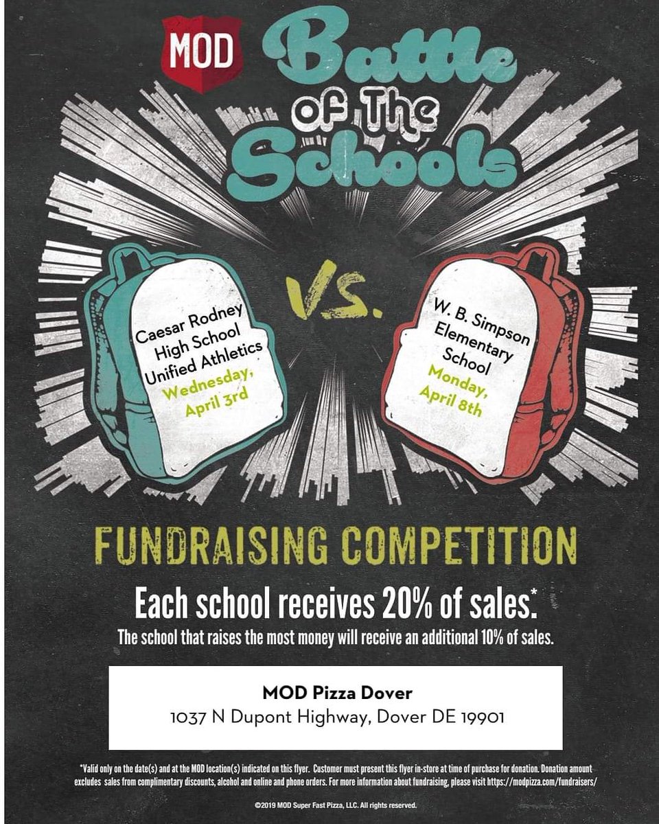 Today April 3rd help us raise money at MOD pizza if we get more sales than WB Simpson we get an extra 10%!!!