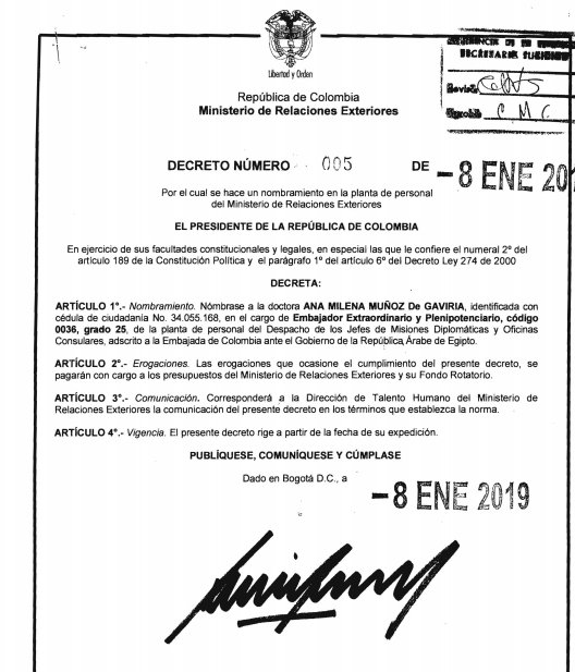 13. Ana Milena Muñoz fue designada Embajadora en Egipto, por el hecho de ser la esposa del Ex Presidente Cesar Gaviria, quien decidió apoyar a Ivan Duque en lugar de apoyar al candidato de su partido. Colombianos le pagamos mensualmente $33.616.800, además de bonificación y prima