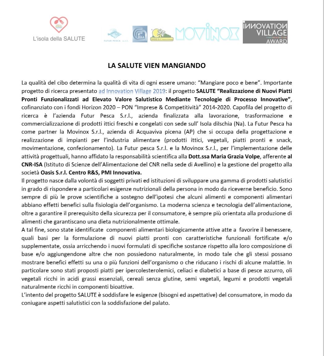 santangeloitalo's tweet photo. Il progetto SALUTE a #InnovationVillage #piattipronti per #colesterolemici #celiaci #diabetici #pesceazzurro #olivegetali arricchiti di #acidigrassi essenziali #legumi #Movinox #FuturPesca CNR-ISA @oasisricerca #nutraceutica https://t.co/z6Qdogy3Kh