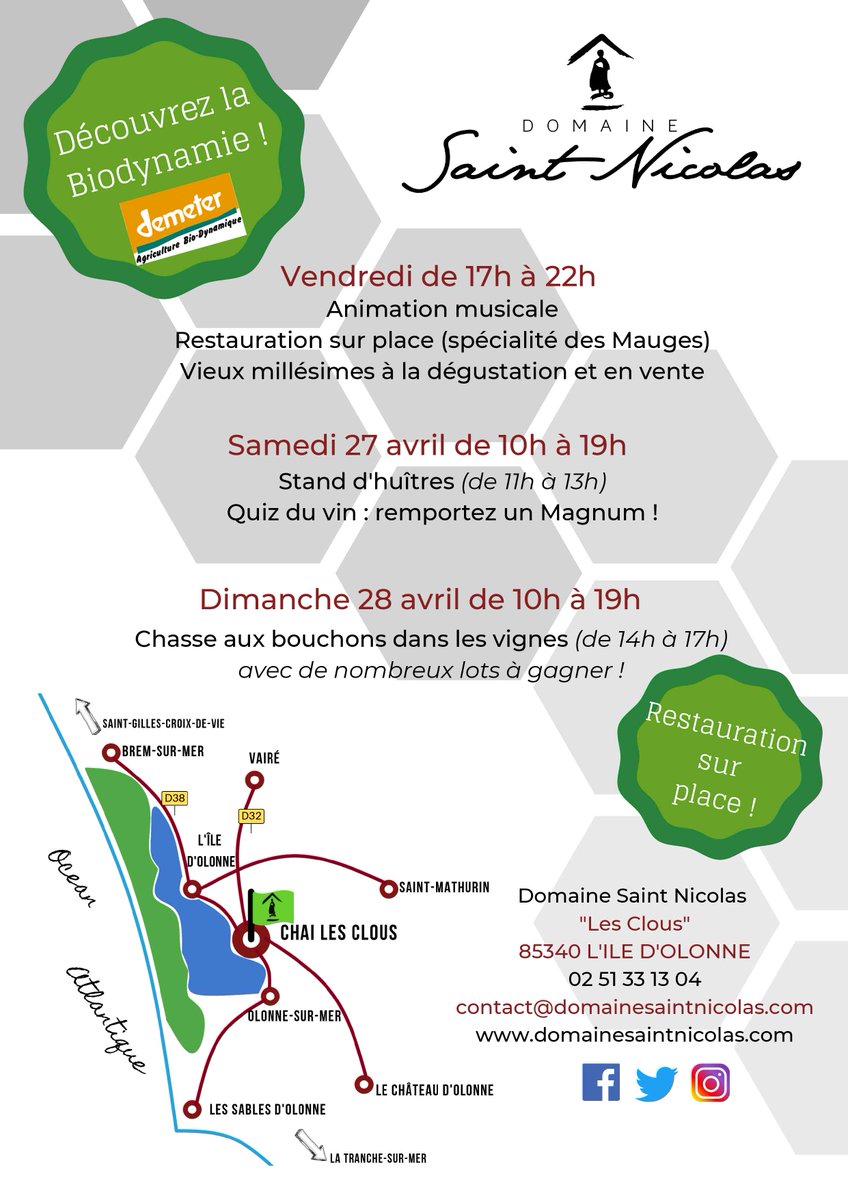 Portes ouvertes au <a href="/DomSaintNicolas/">DomaineSaintNicolas</a> Vend 26, Sam 27 &amp; Dim 28 avril à l'#iledolonne. Chasse aux bouchons dans les vignes, expo pour la biodynamie, Quiz du vin, jeu-concours en ligne, des animations variées tout le WE. <a href="/Cuisine_VinsdeF/">CuisinetVinsdeFrance</a> <a href="/ArtsGastronomie/">Arts & Gastronomie</a> <a href="/GastronomieFR/">Gastronomie France</a> #biodynamie