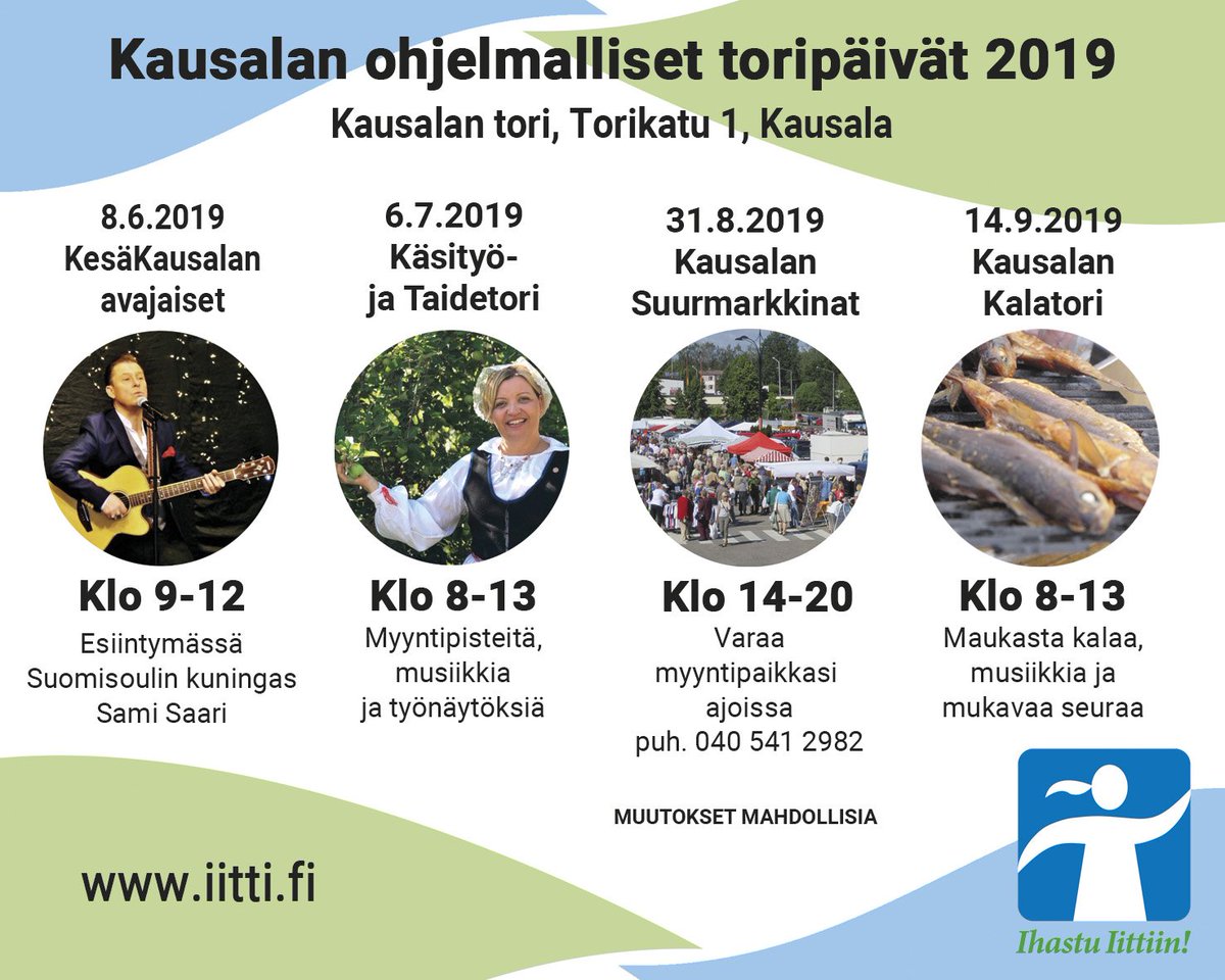Kausalan torin ohjelmalliset toripäivät alkavat KesäKausalan avajaisilla 8.6.2019. Avajaisissa lavalla nähdään mm. iki-ihana Sami Saari #kesäkausala #kausalantori #kausalassatapahtuu #iitinkunta #samisaari #toripäivät