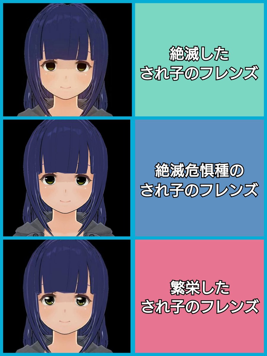 矢良され子 昨日の配信でけものフレンズでは絶滅したフレンズにはハイライトが無いということを教えてもらいました ということで常備しているされ子を並べてみました 上から ハイライト無し スタンダード インヴォーク T Co Cgryrrrabd Twitter