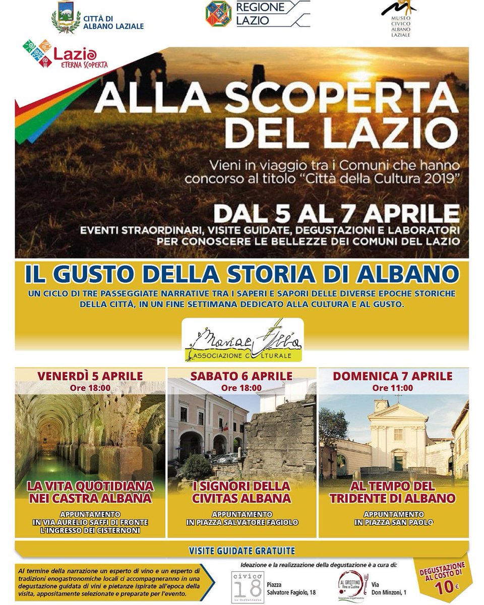 manacubba's tweet photo. Un #finesettimana all’insegna della #cultura e del #gusto... un viaggio tra i saperi i sapori nelle diverse epoche di #albanolaziale 
5 - 6 - 7 aprile 2019
#allascopertadellazio 
#ilgustodellastoriadialbano
Prenotazione: 069323490  museo@comune.albanolaziale.rm.it https://t.co/z7kBxIg2O1
