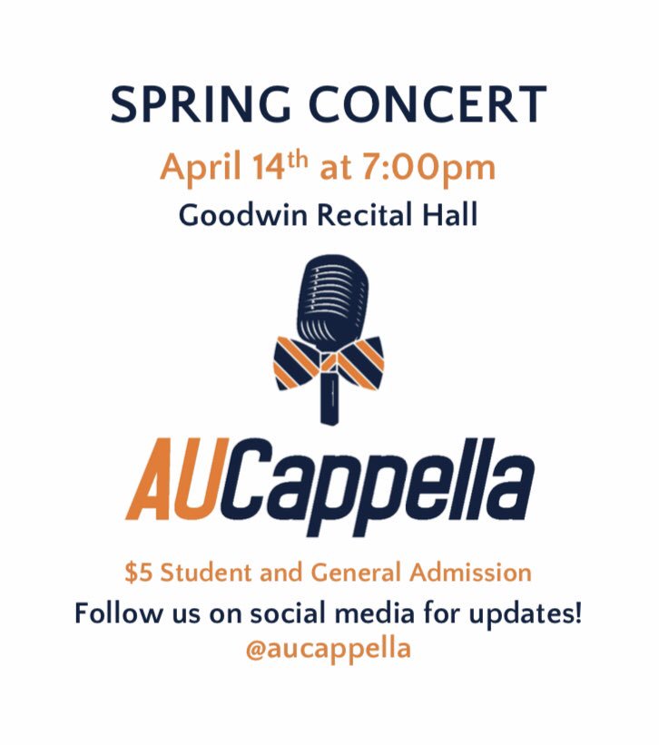 FullAuctave's tweet photo. AU Cappella is back for another Spring Concert!
•Where: Goodwin Music Hall
•When: April 14 at 7pm
•How much: $5 https://t.co/FGI6YbDThQ