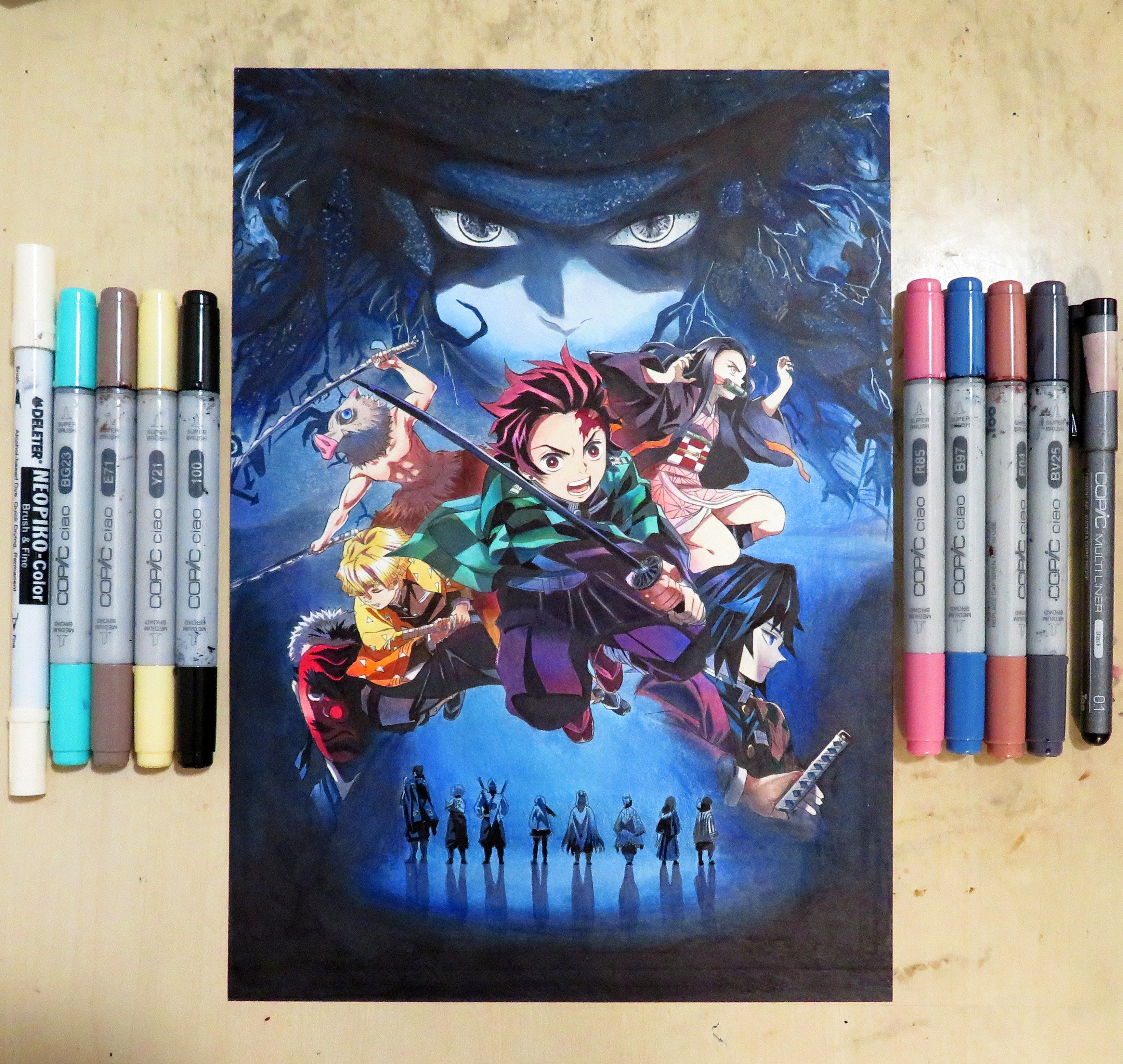 お絵描き練習中こーすけ 鬼滅の刃 キービジュアル 描き上がりました Youtubeにて公開予定です コントラストが高めの元絵だったので今回は濃い系のコピックの出番が多く 今までよりも 使い方を工夫する内に何かをつかめた気がします٩ W و 使用画材