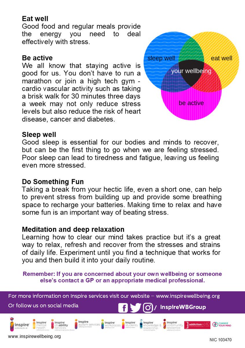 April is #StressAwarnessMonth  

We will have different stress fact sheets each week in April.  This week it is based on your wellbeing.  Have a read through our top tips.

Keep an eye on our twitter page next week for another stress related fact sheet