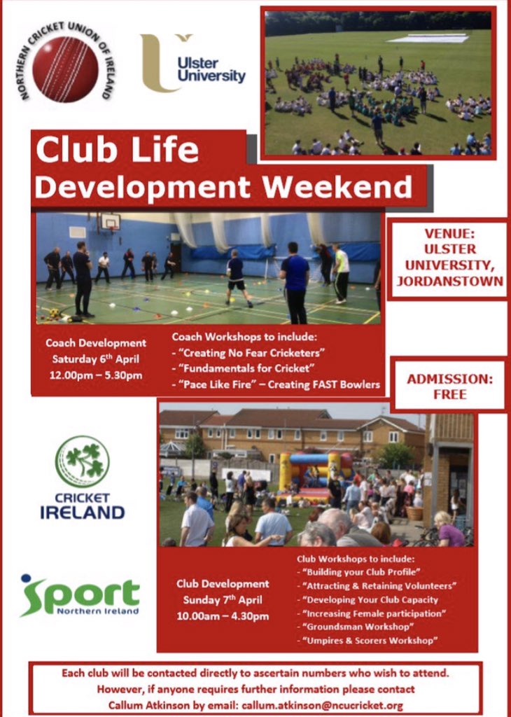 Final chance to register for this weekend’s <a href="/NCU_News/">Northern Cricket Union</a> Club Life Development Weekend at Ulster University. 

Register 4 club members and put your clubs name in the draw for a Team Kit Bundle. 🏏