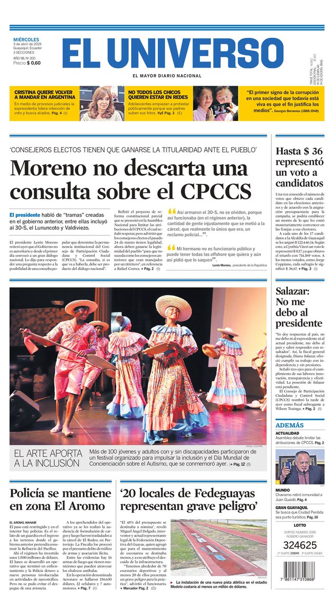 eluniversocom's tweet photo. Compartimos la portada de este miércoles 3 de abril del 2019. Sigue las noticias de Ecuador y el mundo en►https://t.co/tiNIhzyTxs https://t.co/RymSujO3W8