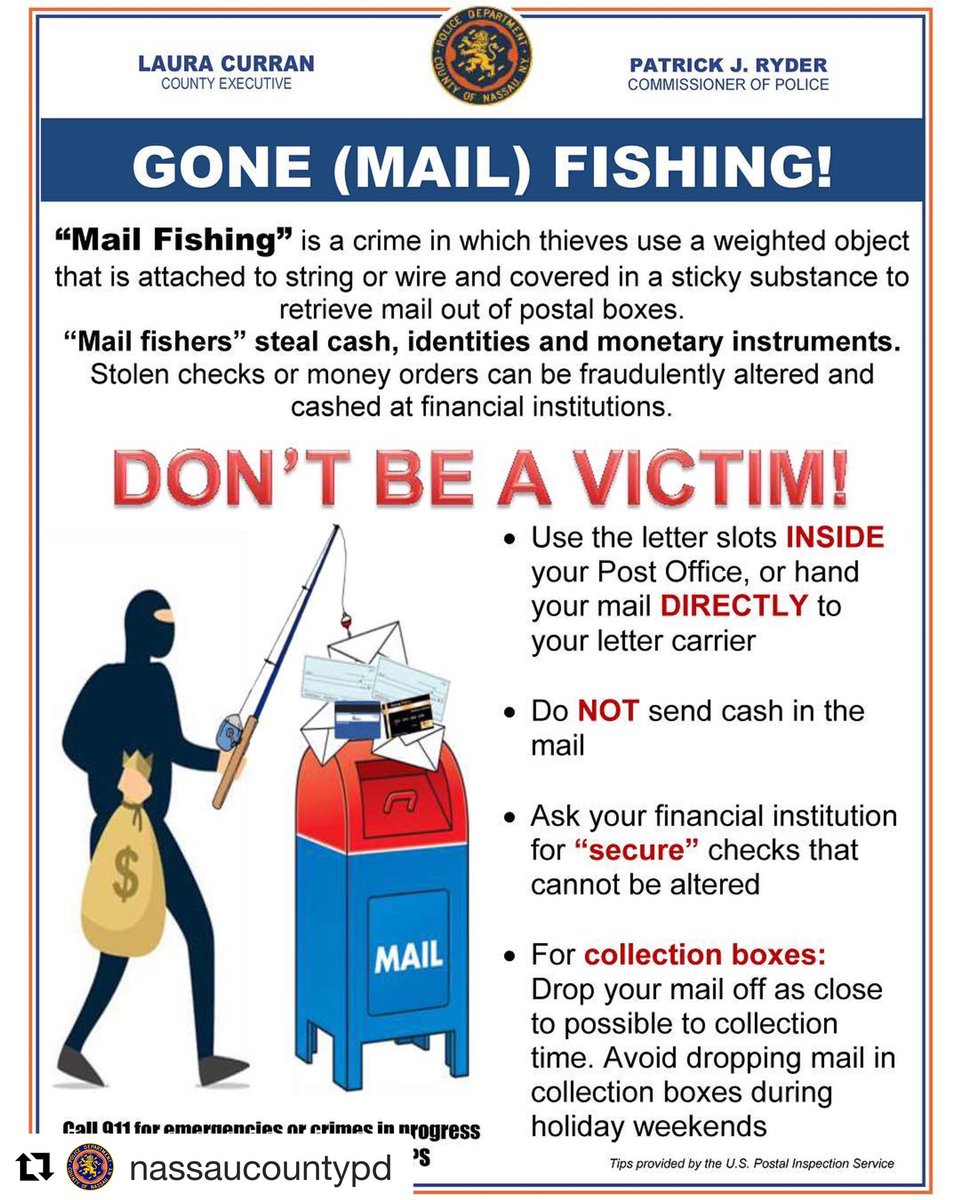 putnamsheriff's tweet photo. Repost courtesy of @nassaucountypd / Fishing season isn’t until later this spring, but MAIL FISHING can unfortunately occur year-round. Mail fishers steal cash, identities & monetary instruments. See photo to protect yourself. #mailfishing #putnamsheriffny #putnamcountyny #usps https://t.co/HcqJOD2SNL
