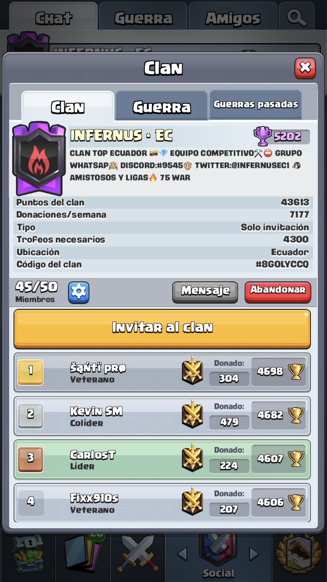 Únete premios al 1 lugar. Clan top Ecuador. 🔥 RT. Se agradece <a href="/RT_apoyo/">CR apoyando a la comunidad</a> <a href="/PromotionsC/">Promotions CR</a> @DarkfightGT_  @KAMI_Clash <a href="/mendez_qr/">A</a> @PromotionLatam <a href="/el_gakkl/">el gakkl</a> <a href="/AlianzaCup/">AlianzaCup</a>
