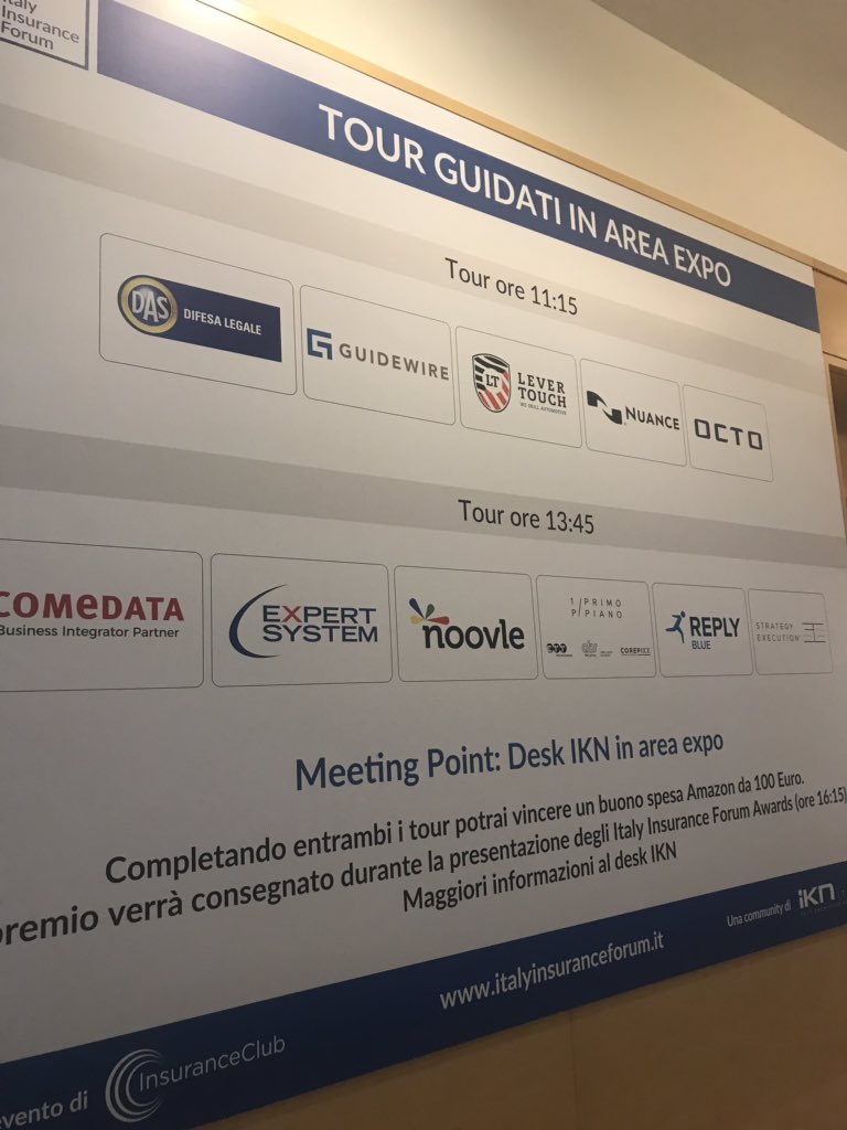 InsuranceClubIT's tweet image. Sta per iniziare il secondo tour in #expoarea a #ItalyInsuranceForum con @Comedata @Expert_System @Noovle_Group @strategyexe @1P_PrimoPiano e Reply Blue