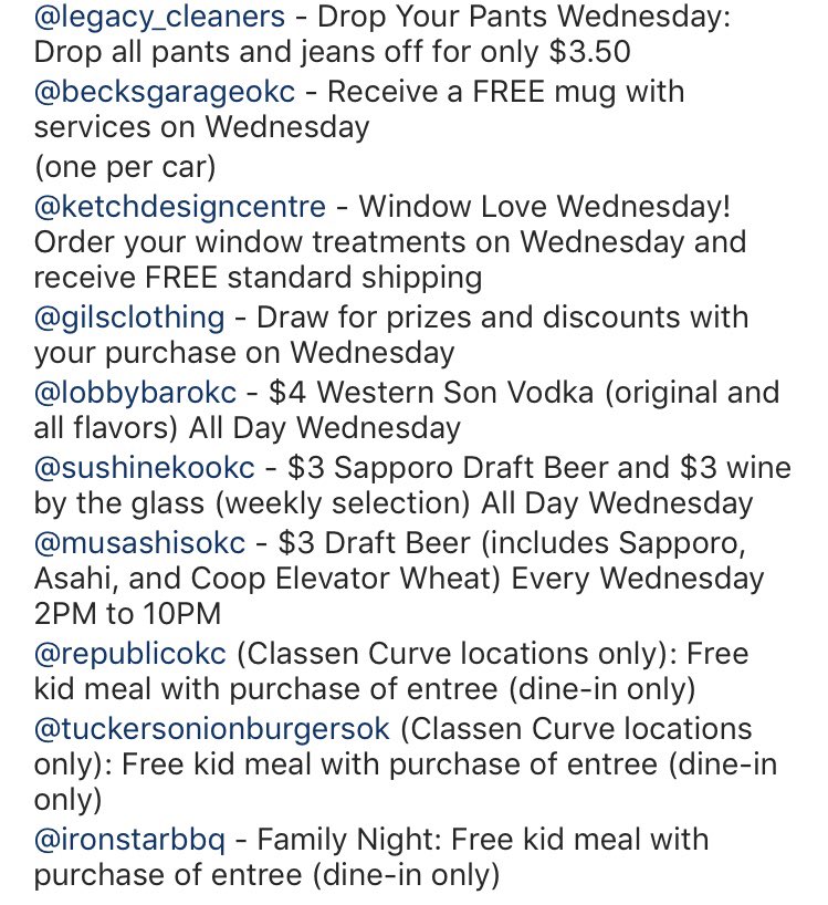 WesternAvenue's tweet photo. Enjoy these members deals for today only! #wednesdaysonwestern #wow #westernavenueokc @LegacyOKC @becksgarageokc @sushi_neko @Musashis @RePUBlicOKC @KetchDesign @gilsclothingokc @LobbyBarOKC @TuckersOnionOK @IronStarBBQ https://t.co/3J12jsbKsv