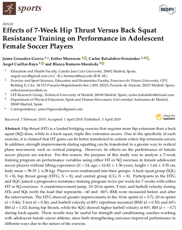 jaime33gonzalez's tweet photo. 🆕🆓‼️ Effects of 7-Week Hip Thrust Versus Back Squat Resistance Training on Performance in Adolescent Female Soccer Players ♀️🏋️‍♀️
@MDPIOpenAccess. https://t.co/ALDAvVWbhi
Gracias @BlancaRomeroM @EstherMorencos @cbalsalobre @AngCuellarRayo por vuestra dedicación y esfuerzo. https://t.co/WOADR8iAGN