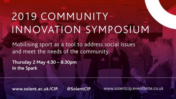 sportcw's tweet photo. Join us at @solentuni for the 2019 Community Innovation Symposium!

Explore how our students are utilising sport and physical activity to address identified 'social issues' within local communities.

Tickets are available free here: https://t.co/3d7h0Eiy0h https://t.co/730e1PdO11