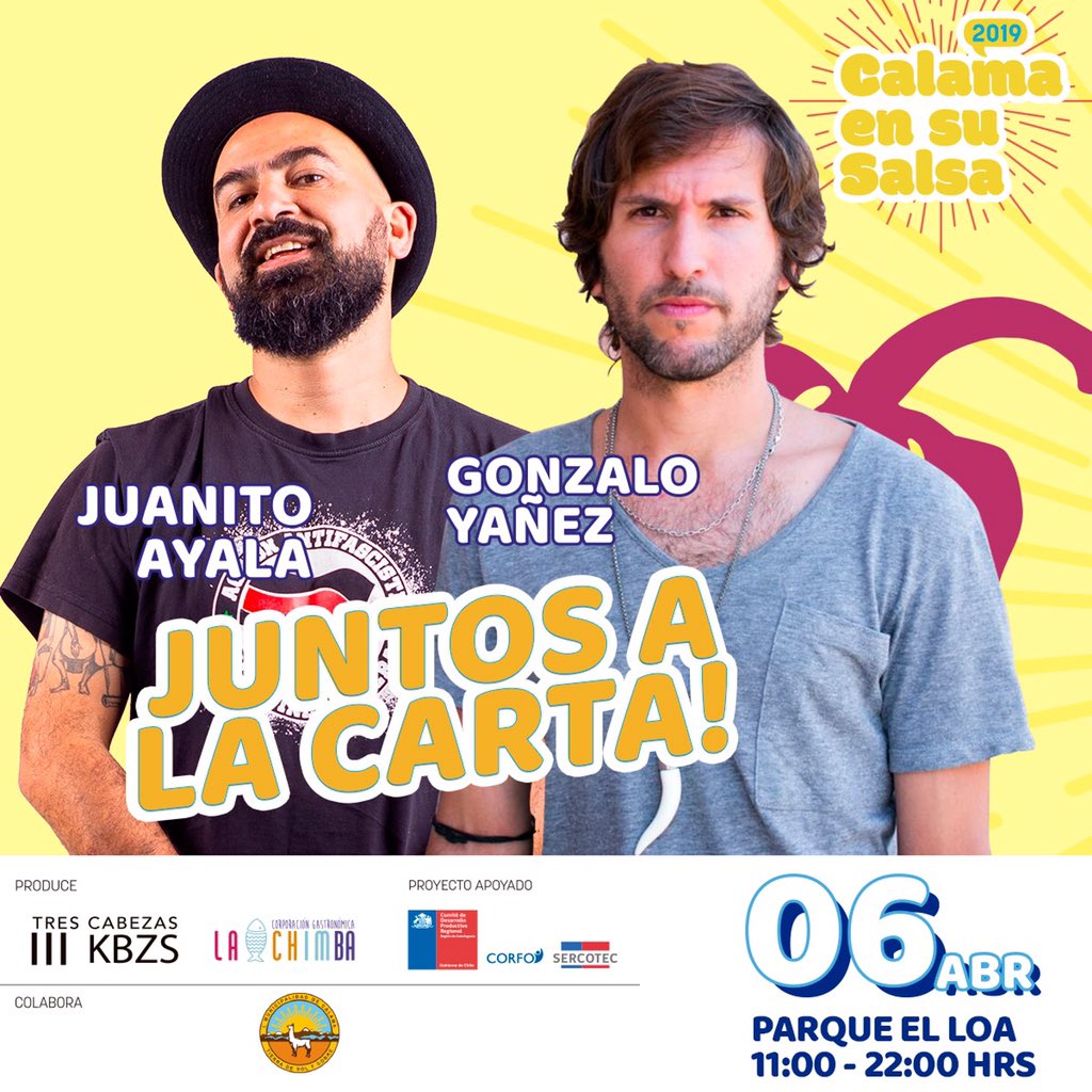 antofaensusalsa's tweet photo. Nos gusta la cocina y la buena música. Y qué mejor que a la Carta? @tonijuayala y @gonzaloyanez serán los encargados de este inédito momento  "A LA CARTA" !Las canciones que quieras las escucharás en #Calamaensusalsa el Sábado 06 en el #parqueelloa #Antofagasta #CALAMA https://t.co/ODhixrls4Q
